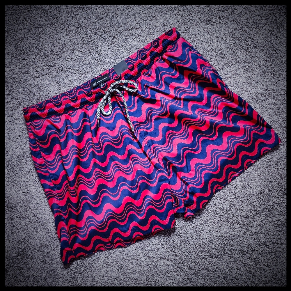 INC International Concepts Red and Navy Blue Wavy Pattern Swim Trunks XXL